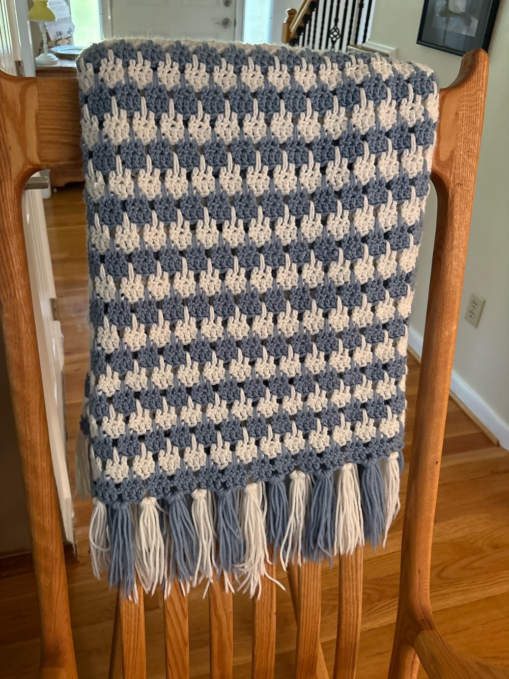 Handmade Crochet Afghan Throw Blanket Blue Cream Fringe 60 x 42